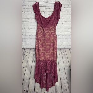 Charlotte Russe Maroon/pink crochet/Lace off shoulder fishtail midi dress Size L